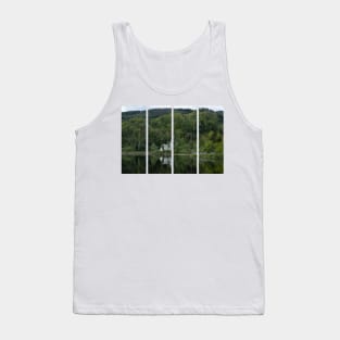 Wonderful landscapes in Norway. Vest-Agder. Beautiful scenery of whtite Gyland church reflecting in the lake. Mountains, road and trees in the background Tank Top